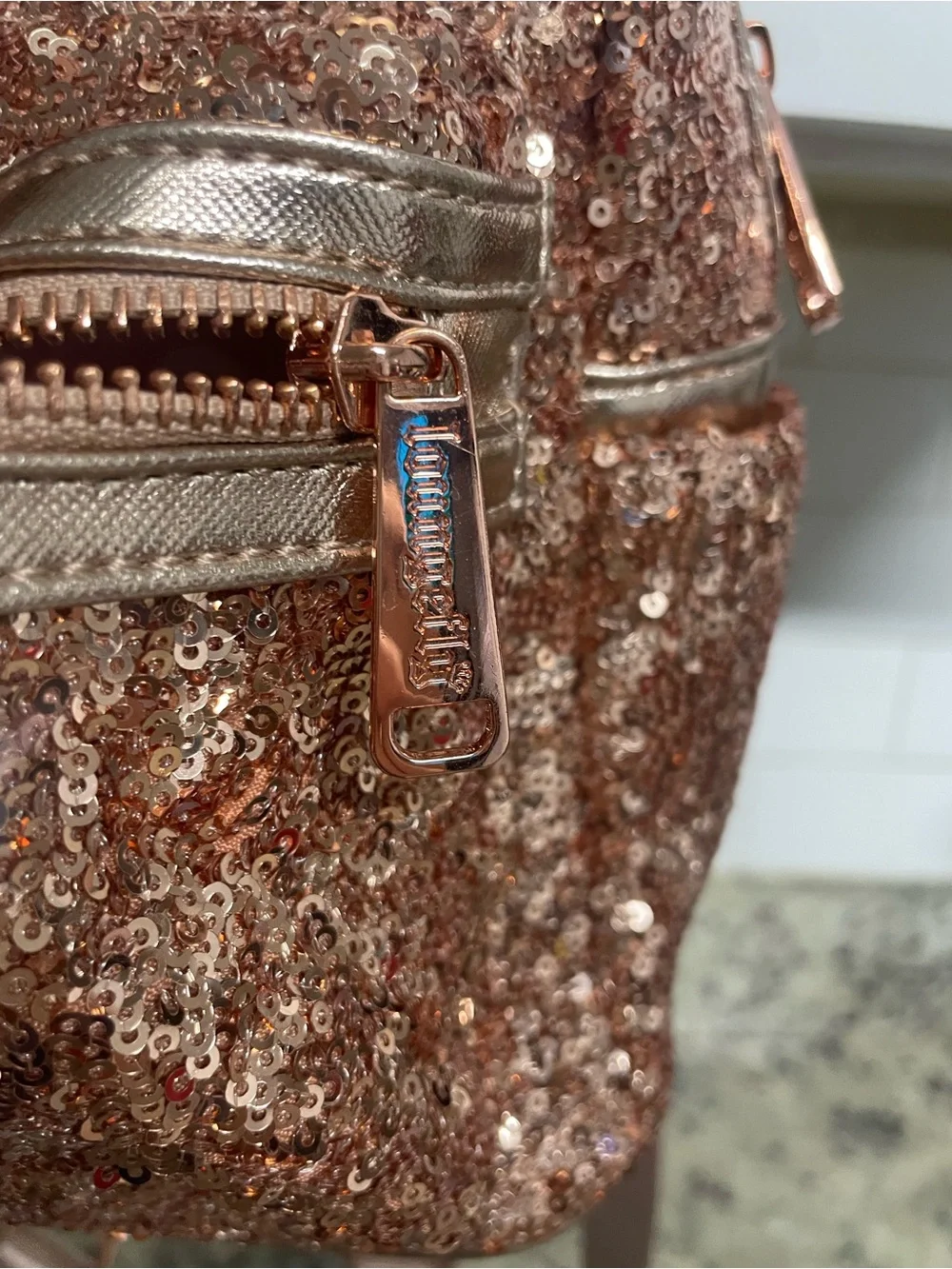Disney Parks Loungefly Rose Gold Sequined Minnie Mouse Mini Backpack collectible